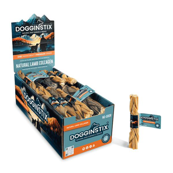 Dogginstix 6-inch braided lamb collagen stick, single ingredient rawhide free dog chew