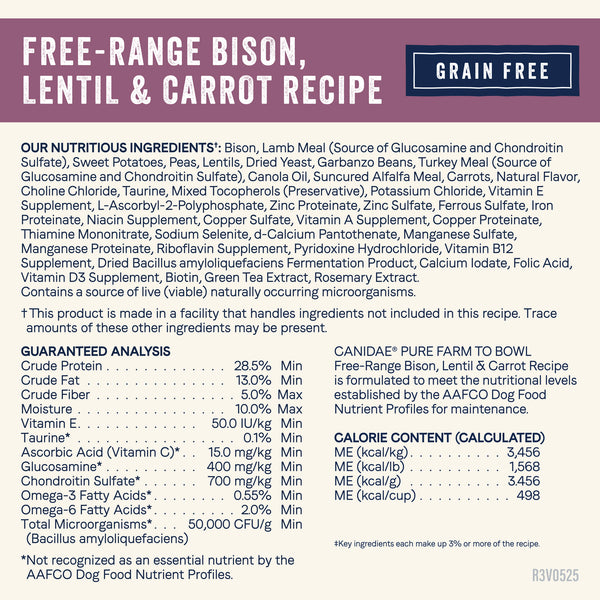 Canidae Pure Farm To Bowl Free-Range Bison, Lentil & Carrot Grain Free Recipe Dry Dog Food