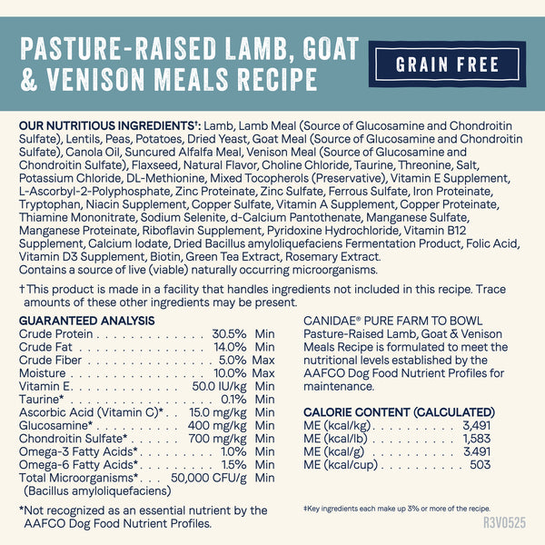 Canidae Pure Farm To Bowl Pasture-Raised Lamb and Goat & Venison Meals Grain Free RecipeDry Dog Food