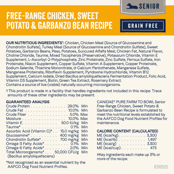 Canidae Pure Farm To Bowl Senior Free-Range Chicken, Sweet Potato & Garbanzo Bean Recipe