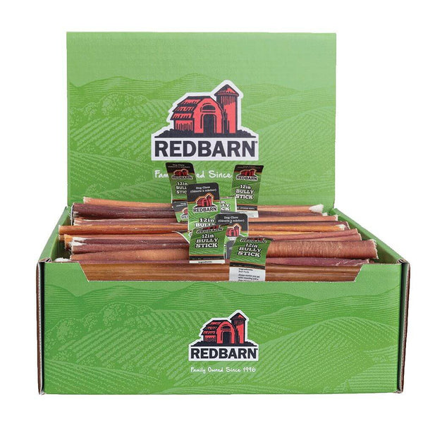 Red Barn 12-inch straight bully sticks in bulk box, single ingredient beef pizzle dog chews