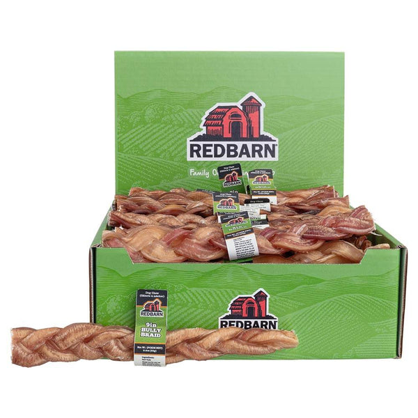 Red Barn 9-inch braided bully sticks, three beef pizzle sticks hand braided into one dog chew
