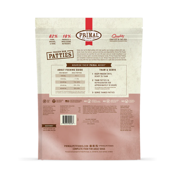 Primal Pork Patties Frozen Dog Food