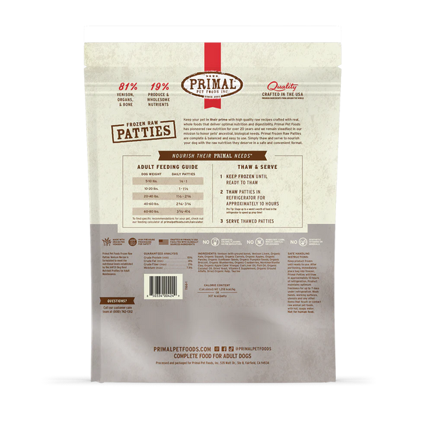Primal Venison Patties Frozen Dog Food