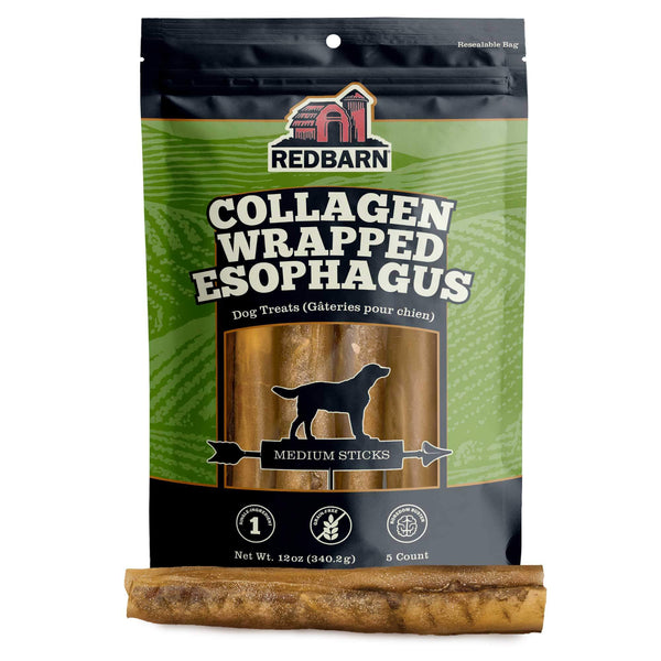 Red Barn Collagen Wrapped Esophagus Stick, medium size, a beef esophagus dog chew wrapped in beef hide collagen