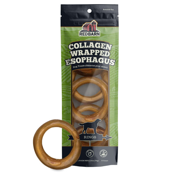 Red Barn Collagen Wrapped Esophagus Ring, a ring shaped beef collagen and esophagus chew for larger dogs