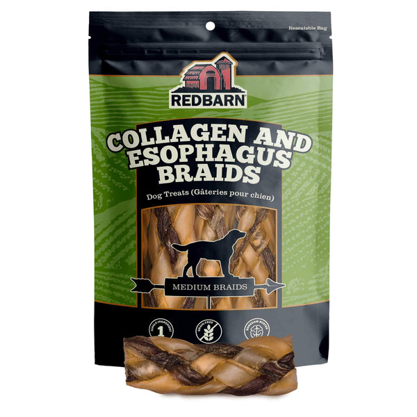 Red Barn Collagen Wrapped Esophagus Braid, medium size, braided beef collagen and esophagus long lasting dog chew