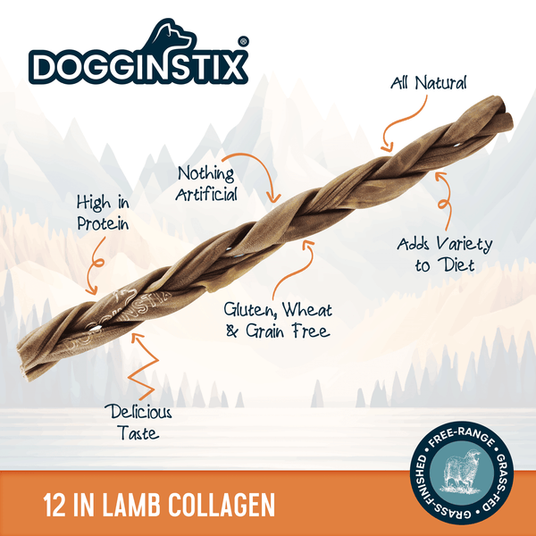 Dogginstix braided lamb collagen dog chew details, all natural single ingredient lamb chew