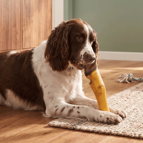 Dog chewing a Dogginstix beef foot, a long lasting all natural beef chew