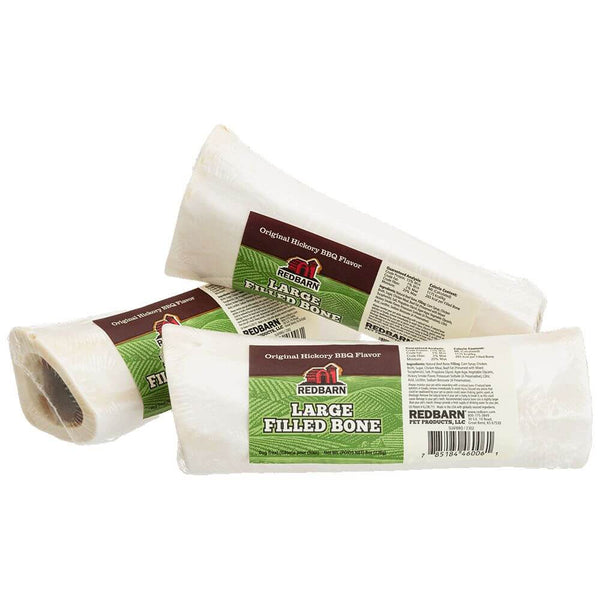 Pile of Redbarn Hickory BBQ Filled Bones, made in the USA beef bone chews