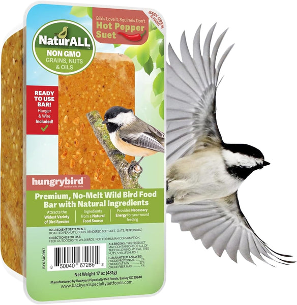 HungryBird NaturAll Non-GMO, High-Protein Suet Bar with Hot Pepper Filling for Outside Wild Birds