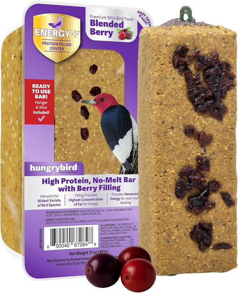 HungryBird Energy+ High-Protein Suet Bar with Blended Berry Filling for Outside Wild Birds