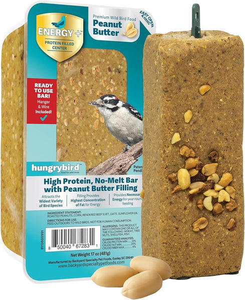 HungryBird Energy+ High-Protein Suet Bar with Peanut Butter Filling for Outside Wild Birds