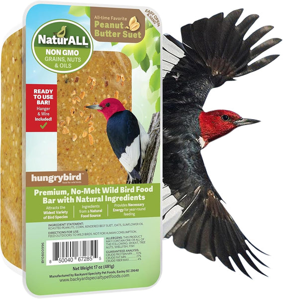 HungryBird NaturAll Non-GMO, High-Protein Suet Bar with Peanut Butter Filling for Outside Wild Birds