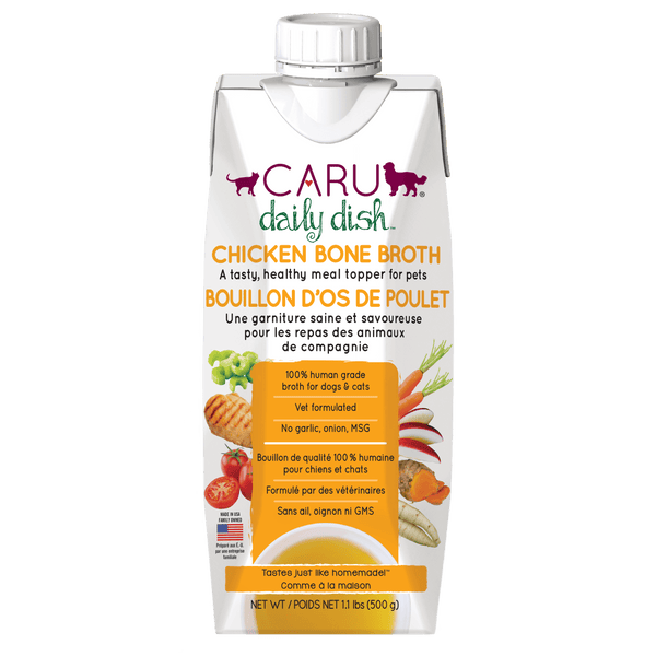 Caru Daily Dish Chicken Bone Broth carton for dogs and cats, made in the USA