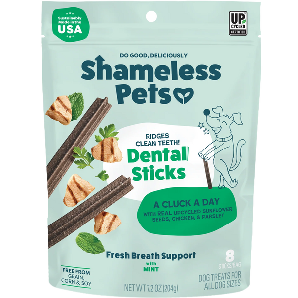Shameless Pets Dental Sticks - Assorted, A Cluck A Day flavor, front of package