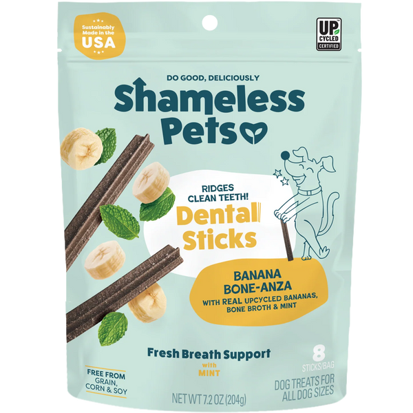 Shameless Pets Dental Sticks - Assorted, Banana Boneanza flavor, front of package
