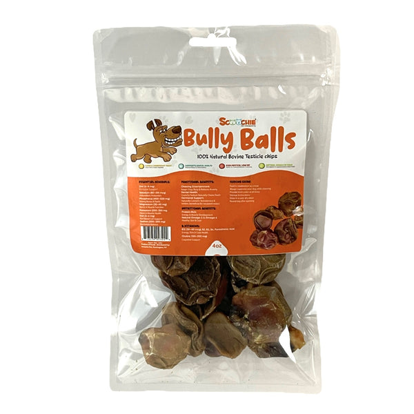 Scoochie Bully Balls 4 oz bag, thin sliced dehydrated single ingredient beef dog treats