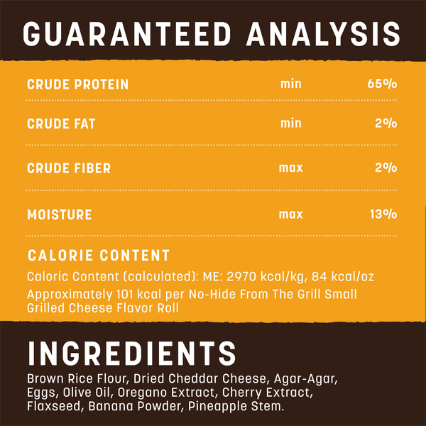 Guaranteed analysis panel for Earth Animal No-Hide Grilled Cheese small roll