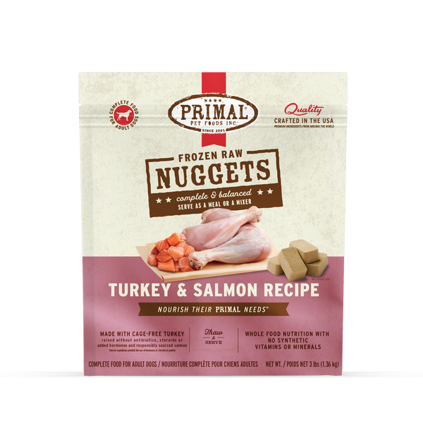Primal Turkey & Salmon frozen raw nuggets dog food 3 lb bag
