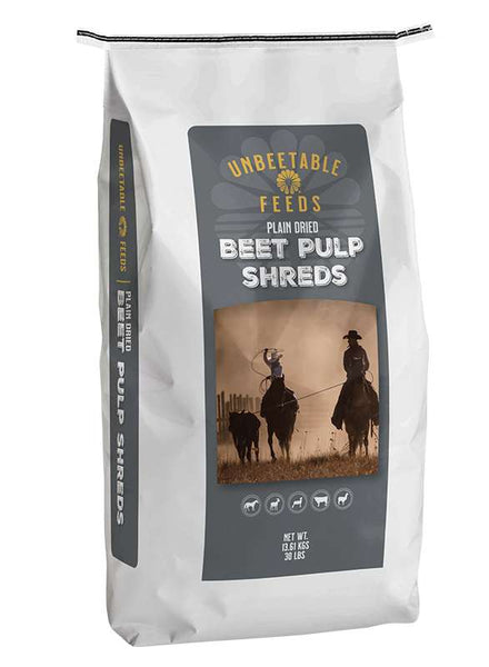 Close-up of Unbeetable plain beet pulp shreds, quick soaking fiber for horses