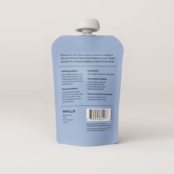 Smalls Fish Broth for cats pouch back with ingredients and guaranteed analysis