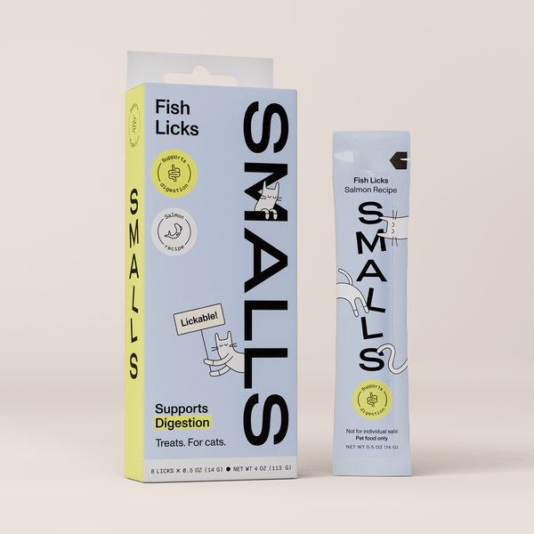 Smalls Fish Licks Supports Digestion (Salmon) lickable cat treats box and tube