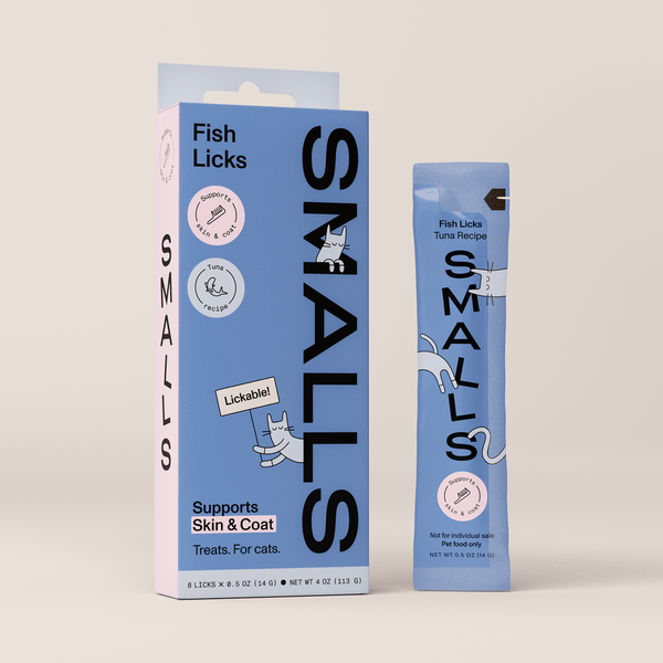 Smalls Fish Licks Supports Skin & Coat (Tuna) lickable cat treats box and tube