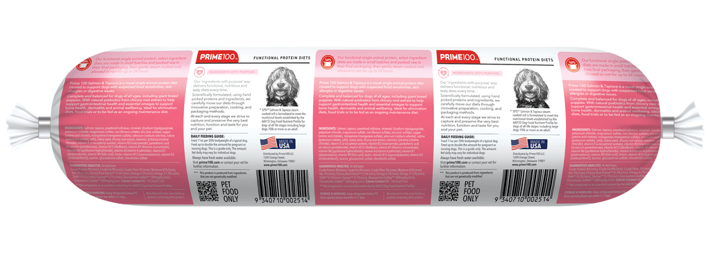 Prime 100 Single Protein Diet Salmon Tapioca Fresh Refrigerated Dog Food
