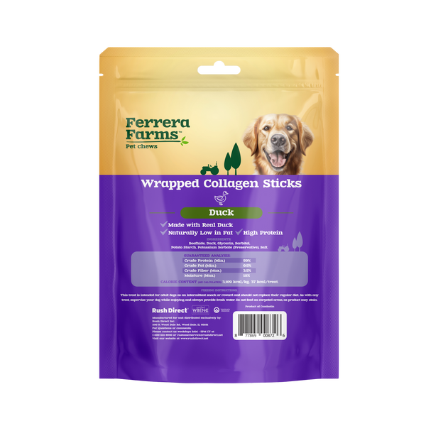 Ferrera Farms Collagen Wrapped with Duck dog chew, back of package