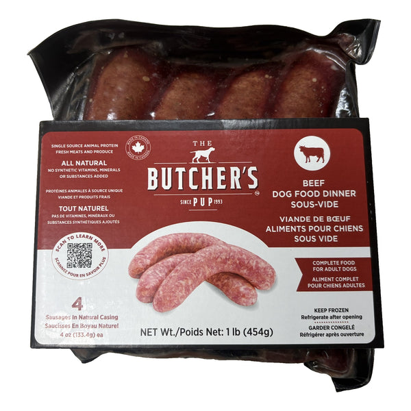 The Butcher's Pup Beef sous-vide dog food sausages 1 lb, front