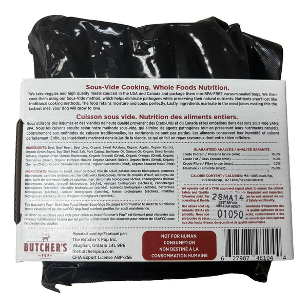 The Butcher's Pup Beef sausages back label with ingredients and guaranteed analysis