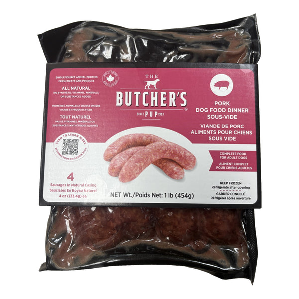The Butcher's Pup Pork sous-vide dog food sausages 1 lb, front