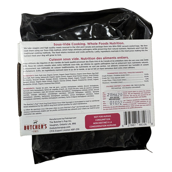 The Butcher's Pup Pork sausages back label with ingredients and guaranteed analysis