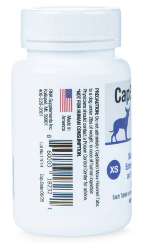 CapShield Maxx bottle back label showing dosing instructions and FDA disclaimer for monthly flea supplement