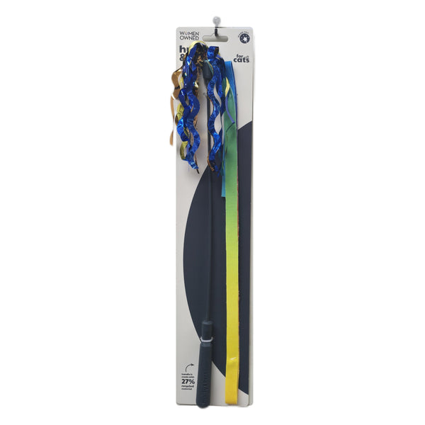 Huxley & Kent Dance & Lure Rainbow cat wand toy with blue and gold ribbon streamers