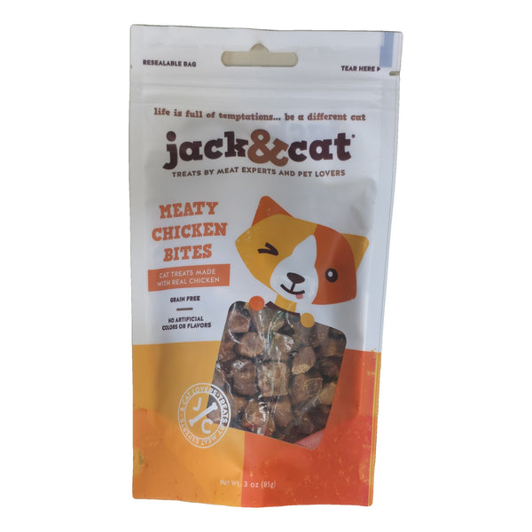 Jack & Cat Meaty Chicken Bites soft cat treats 3 oz bag, front