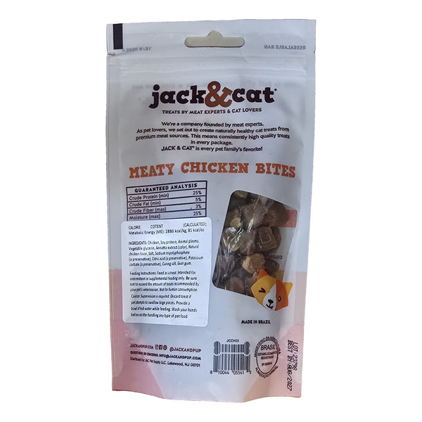 Jack & Cat Meaty Chicken Bites cat treats, back label with ingredients and guaranteed analysis