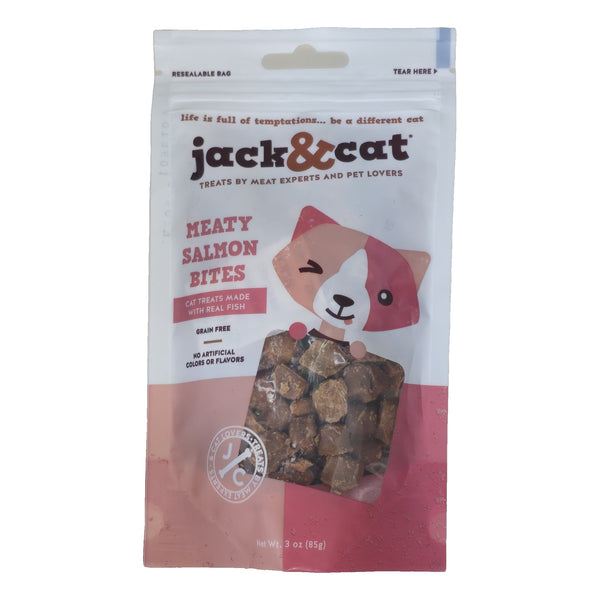 Jack & Cat Meaty Salmon Bites soft cat treats 3 oz bag, front