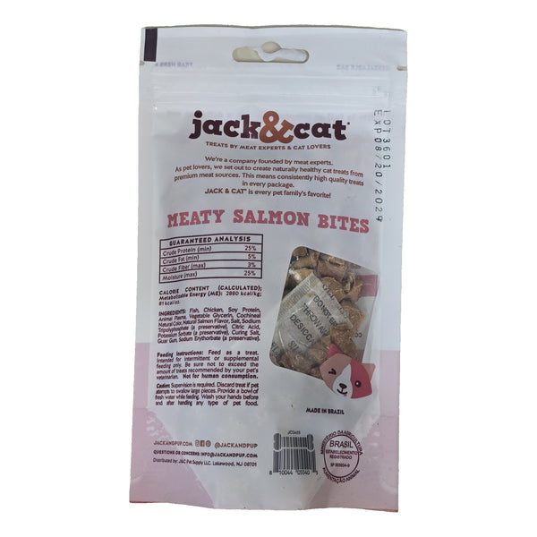 Jack & Cat Meaty Salmon Bites cat treats, back label with ingredients and guaranteed analysis