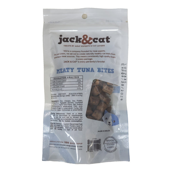 Jack & Cat Meaty Tuna Bites cat treats, back label with ingredients and guaranteed analysis
