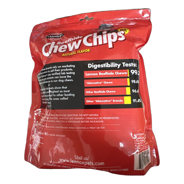 Lennox Beefhide Chew Chips bag back with digestibility test results