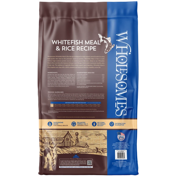 Wholesomes Whitefish Meal & Rice Recipe Dry Dog Food bag details