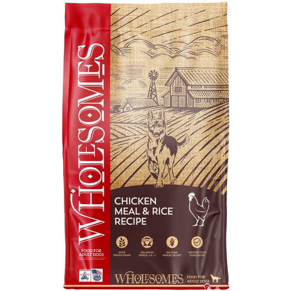 Wholesomes Chicken Meal & Rice Recipe Dry Dog Food 40 lb bag front, Wholesomes dry dog food made in the USA