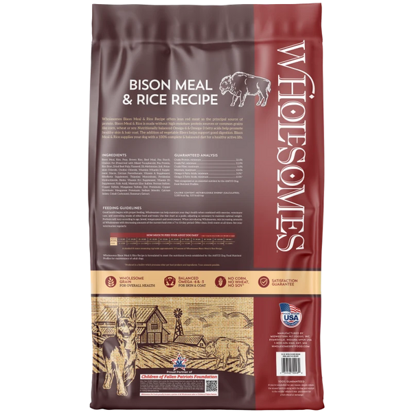 Wholesomes Bison Meal & Rice Recipe Dry Dog Food bag details