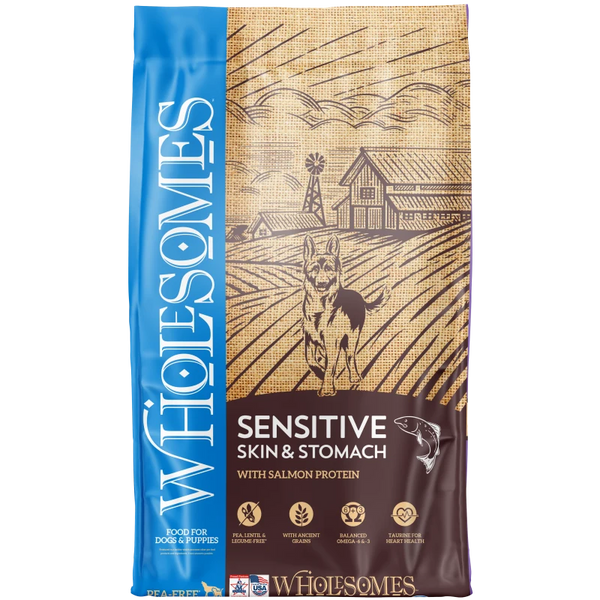 Wholesomes Sensitive Skin & Stomach with Salmon Protein Dry Dog Food 30 lb bag front, Wholesomes dry dog food made in the USA