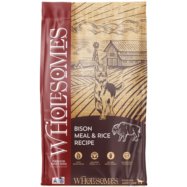 Wholesomes Bison Meal & Rice Recipe Dry Dog Food 35 lb bag front, Wholesomes dry dog food made in the USA