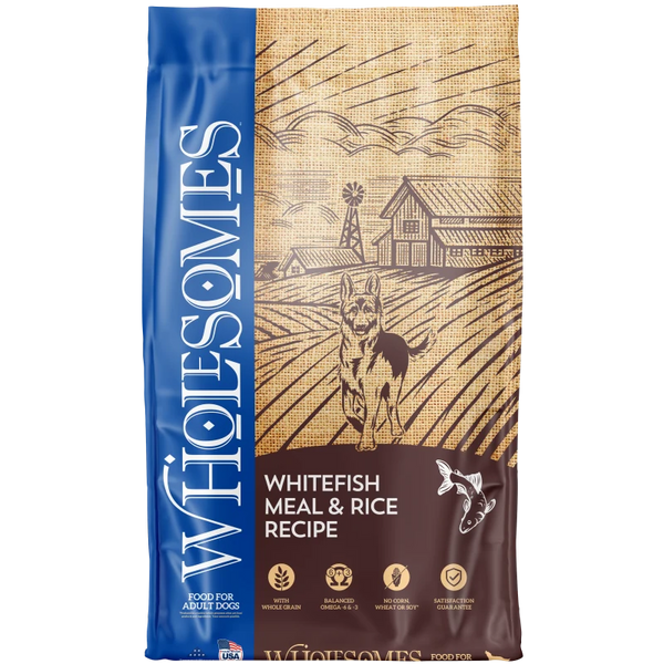 Wholesomes Whitefish Meal & Rice Recipe Dry Dog Food 40 lb bag front, Wholesomes dry dog food made in the USA