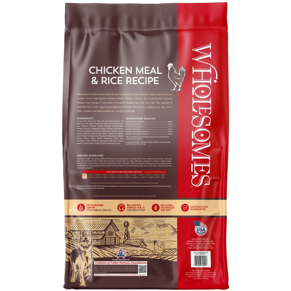 Wholesomes Chicken Meal & Rice Recipe Dry Dog Food bag details