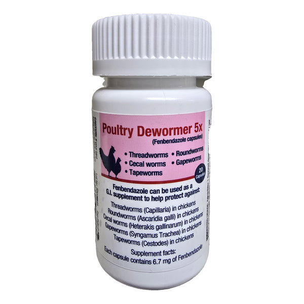 Poultry Dewormer 5x fenbendazole capsules for chickens, 20 count bottle front